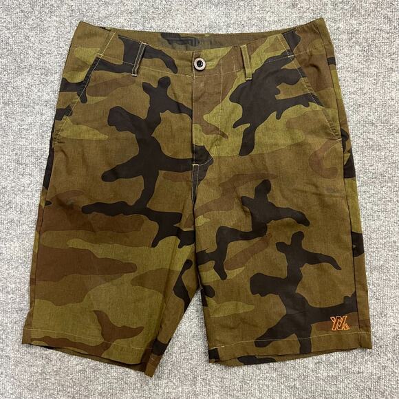 Dixxon Shorts Mens 30 Green Camouflage Stretch Logo Pockets Mid Rise Zip Fly - Picture 1 of 11